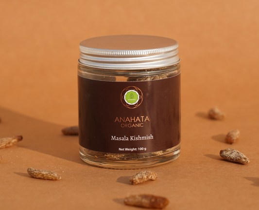 Anahata's masala kishmish is a tangy and healthy snack, packed with antioxidants, vitamins and essential nutrients that help boost immunity, aid digestion, cure anaemia and control blood pressure. Sourced from organic farmers, these raisins are handpicked, sun dried and �avoured with fresh spices and other condiments.